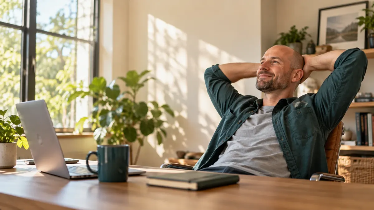 A relaxed business owner leans back at a tidy desk, smiling, with the work handled.